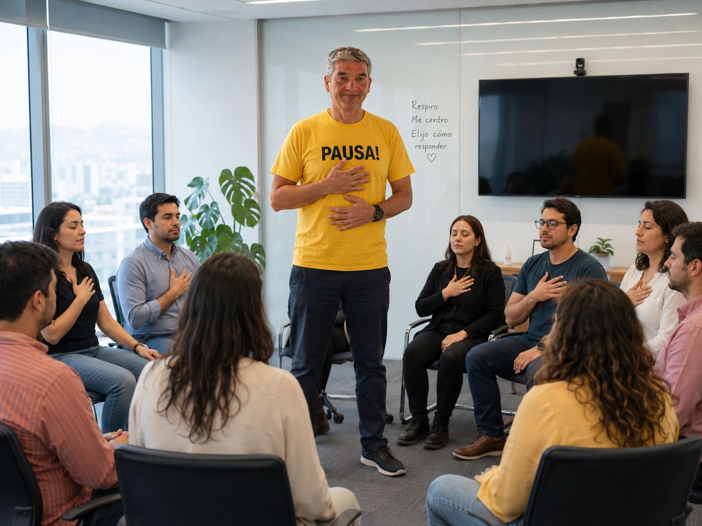 Manuel Millán facilitando una experiencia Bondify de mindfulness para equipos, con personas en círculo practicando pausa consciente y respiración.